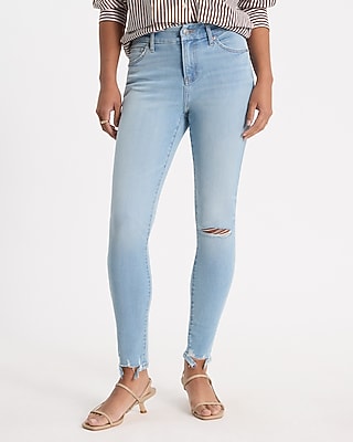Express Women's Mid Rise Light Wash Curvy FlexX Ripped Skinny Jeans in Blue, size: Small