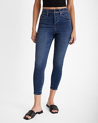 Express Women's High Waisted Dark Wash Belted Cropped Skinny Jeans in Medium Wash