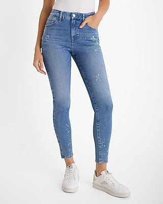 Express Women's High Waisted Splatter Paint Curvy FlexX Skinny Jeans in Medium Wash
