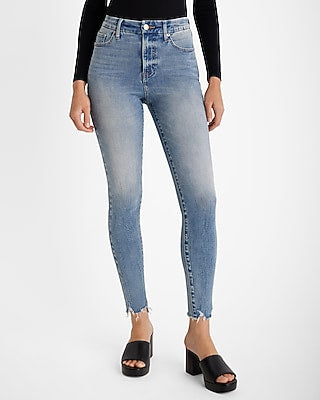 Express Women's High Waisted Medium Wash Raw Hem Curvy FlexX Skinny Jeans in Light Wash