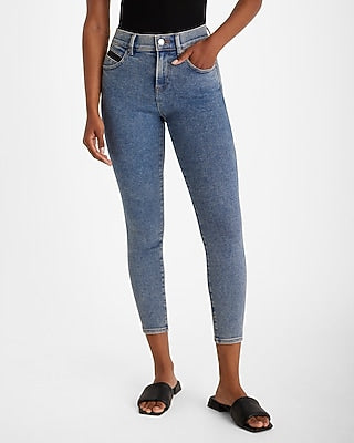 Express Women's Mid Rise Satin Panel Cropped Skinny Jeans in Medium Wash