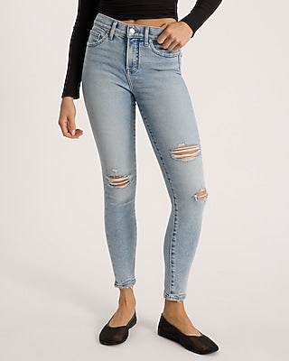Express Women's Mid Rise Ripped Hyper Sculpt Skinny Jeans in Light Wash