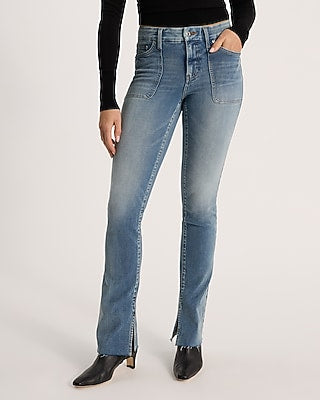 Express Women's Mid Rise Medium Wash Raw Hem Curvy FlexX Skyscraper Jeans in Blue, size: Small