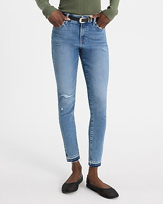 Express Women's Mid Rise Curvy FlexX Ripped Raw Hem Skinny Jeans in Light Wash