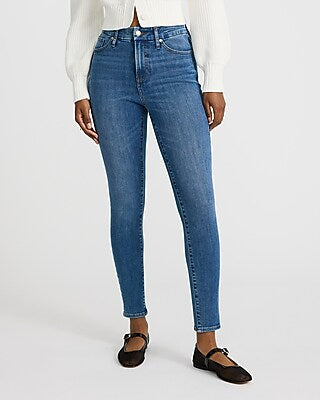 Express Women's High Waisted Medium Wash Curvy FlexX Skinny Jeans in Dark Wash