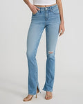 Express Women's Mid Rise Ripped Hyper Sculpt Skyscraper Jeans in Light Wash