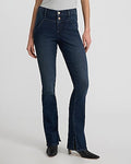 Express Women's High Waisted Dark Wash Waist Detail Skyscraper Jeans in Blue, size: 0