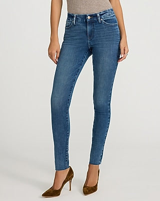 Express Women's Mid Rise Raw Hem Curvy FlexX Skinny Jeans in Medium Wash