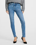 Express Women's Mid Rise Raw Hem Skinny Jeans in Medium Wash