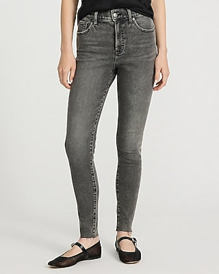 Express Women's High Waisted Washed Raw Hem Skinny Jeans in Black, size: 0