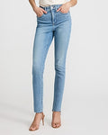 Express Women's High Waisted Light Wash Raw Hem Skinny Jeans in Blue, size: 0