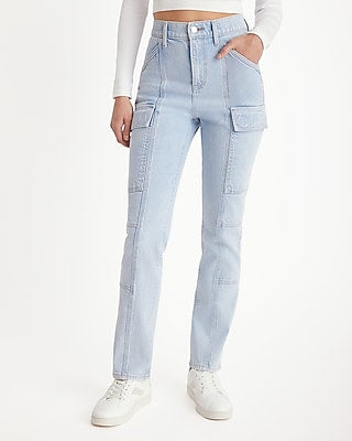 Express Women's High Waisted Light Wash '90S Slim Cargo Jeans in Medium Wash