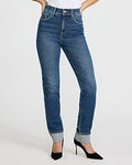Express Women's High Waisted Dark Wash Cuffed Hem '90S Slim Jeans in Blue, size: 0