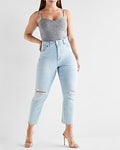 Express Women's Curvy Super High Waisted Ripped Mom Jeans in Blue, size: 0