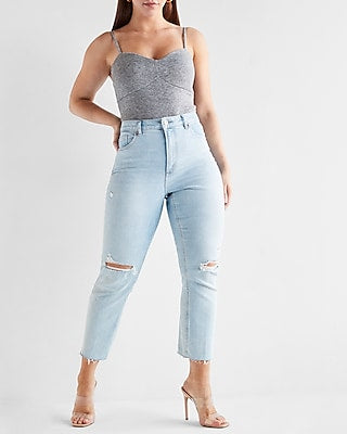 Express Women's Curvy Super High Waisted Ripped Mom Jeans in Blue, size: 0