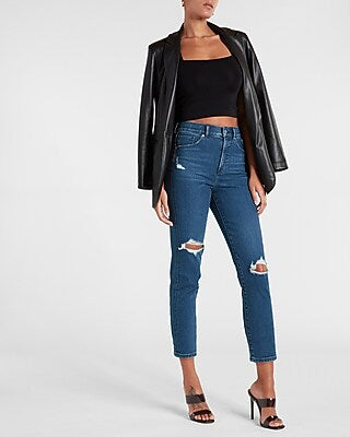 Express Women's Super High Waisted Ripped Mom Jeans in Dark Wash