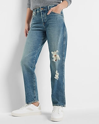 Express Women's Mid Rise Ripped Boyfriend Jeans in Medium Wash