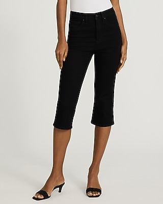 Express Women's High Waisted Black Hyper Sculpt Capri Jeans in Pitch Black