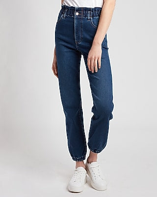 Express Women's Super High Waisted Elastic Waist Supersoft Jogger Jeans in Medium Wash