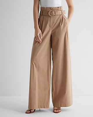Express Women's Super High Waisted Belted Paperbag Wide Leg Palazzo Pant in Pecan