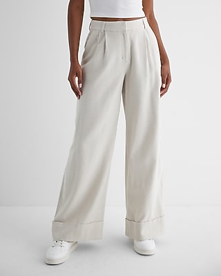 Express Women's Stylist High Waisted Luxe Lounge Twill Cuffed Wide Leg Palazzo Pant in Oatmeal Heather