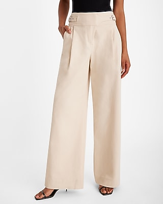 Express Women's High Waisted Side Buckle Belt Wide Leg Palazzo Pant in Sandshell