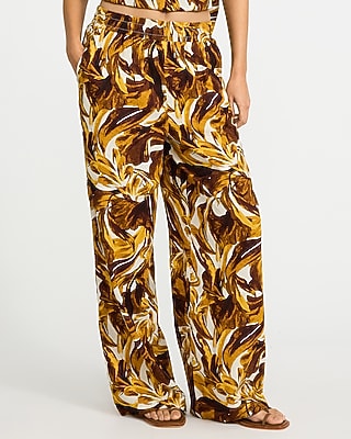 Express Women's Summer-Blend Linen Printed High Waisted Pull On Wide Leg Palazzo Pant in Yellow Print