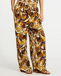 Express Women's Summer-Blend Linen Printed High Waisted Pull On Wide Leg Palazzo Pant in Yellow Small
