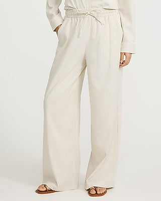 Express Women's Striped High Waisted Drawstring Pull On Wide Leg Palazzo Pant in Neutral Small