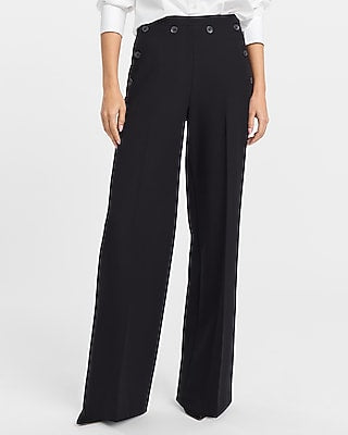 Express Women's Studio Stretch Twill High Waisted Button Front Wide Leg Palazzo Pant in Black 0