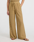 Express Women's Crochet High Waisted Pull On Drawstring Wide Leg Palazzo Pant in Straw Tan