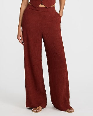 Express Women's Textured Plisse High Waisted Relaxed Trouser in Reddish Brown