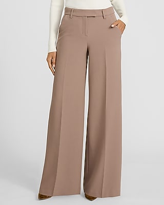 Express Women's Editor Studio Stretch Twill Mid Rise Wide Leg Palazzo Pant in Mushroom