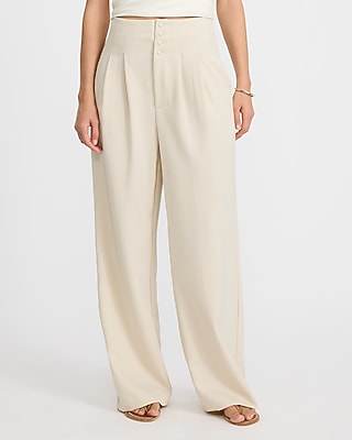 Express Women's High Waisted Button Front Pleated Straight Pant in Light Tan