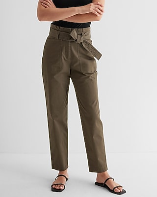 Express Women's Super High Waisted Belted Paperbag Ankle Pant in Olive