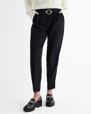 Express Women's High Waisted Pleated Belted Straight Ankle Pant in Pitch Black