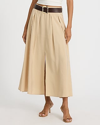 Express Women's High Waisted Belted Pleated Maxi Skirt in Light Tan