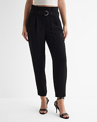 Express Women's Stylist Super High Waisted Belted Paperbag Ankle Pant in Pitch Black