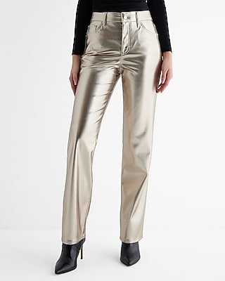 Express Women's High Waisted Metallic Faux Leather Modern Straight Pant in Beige