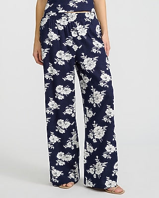 Express Women's Summer-Blend Linen Floral High Waisted Pull On Wide Leg Palazzo Pant in Blue Print