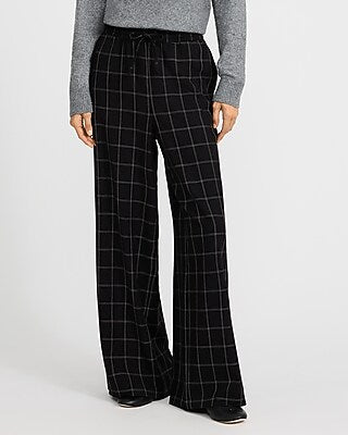 Express Women's Lightweight Plaid Wide Leg Palazzo Pull On Pant in Print