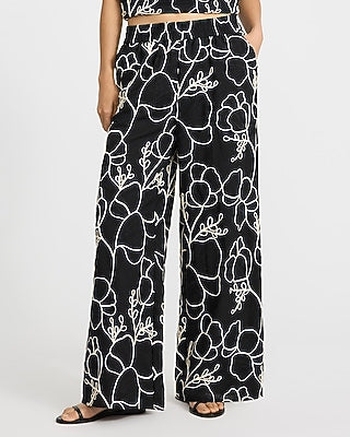 Express Women's Floral Embroidered High Waisted Pull On Pant in Pitch Black