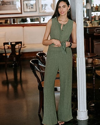 Express Women's Textured Knit High Waisted Pull On Pant in Green