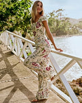 Express Women's Summer-Blend Linen Floral High Waisted Pull On Wide Leg Palazzo Pant in Neutral Print
