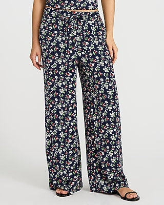 Express Women's Floral High Waisted Drawstring Pull On Wide Leg Palazzo Pant in Blue Print