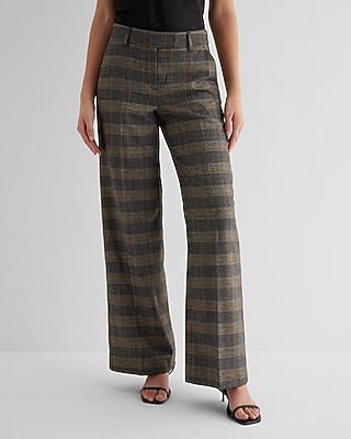 Express Women's Editor Mid Rise Metallic Plaid Relaxed Trouser Pant 0