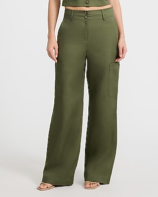 Express Women's Linen-Blend High Waisted Wide Leg Palazzo Cargo Trouser in Green 0