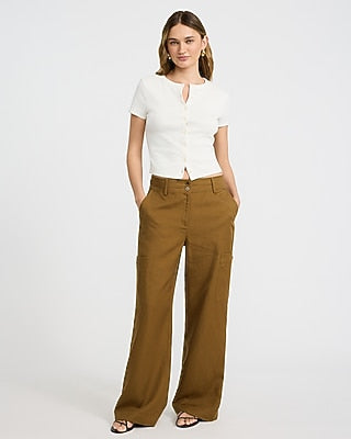 Express Women's Linen-Blend High Waisted Wide Leg Palazzo Cargo Trouser in Brown 0