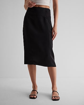 Express Women's Super High Waisted Satin Seamed Midi Skirt in Pitch Black