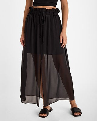 Express Women's High Waisted Paperbag Sheer Maxi Skirt in Pitch Black